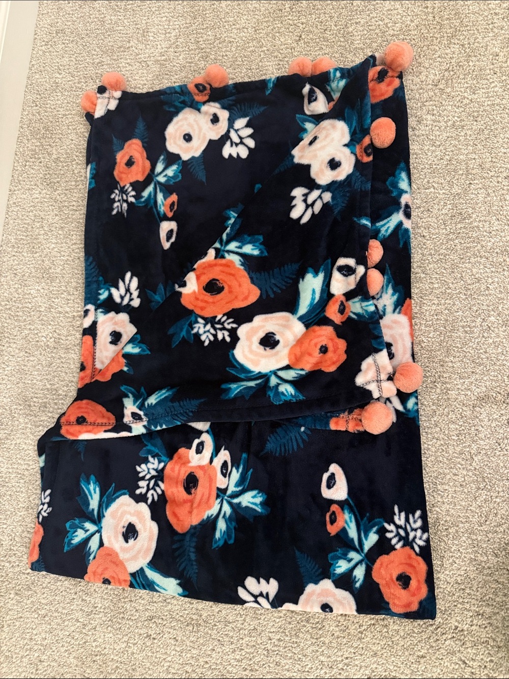 Navy Floral Pom-Pom Blanket
